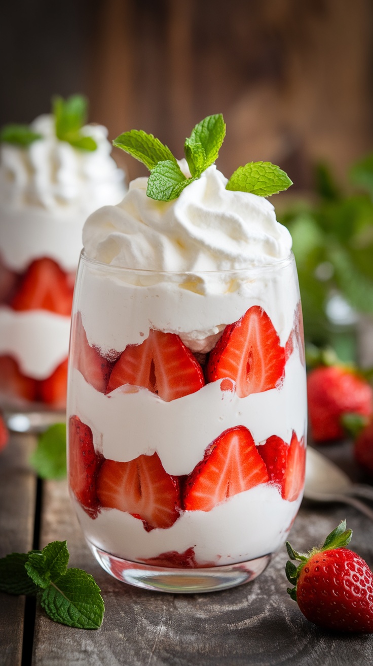 A glass of low-carb strawberry dessert with whipped cream, garnished with mint, on a wooden table.